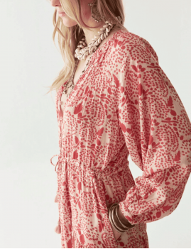 Robe été femme imprimé feuille rouge maison hotel - Boutique L'ananas